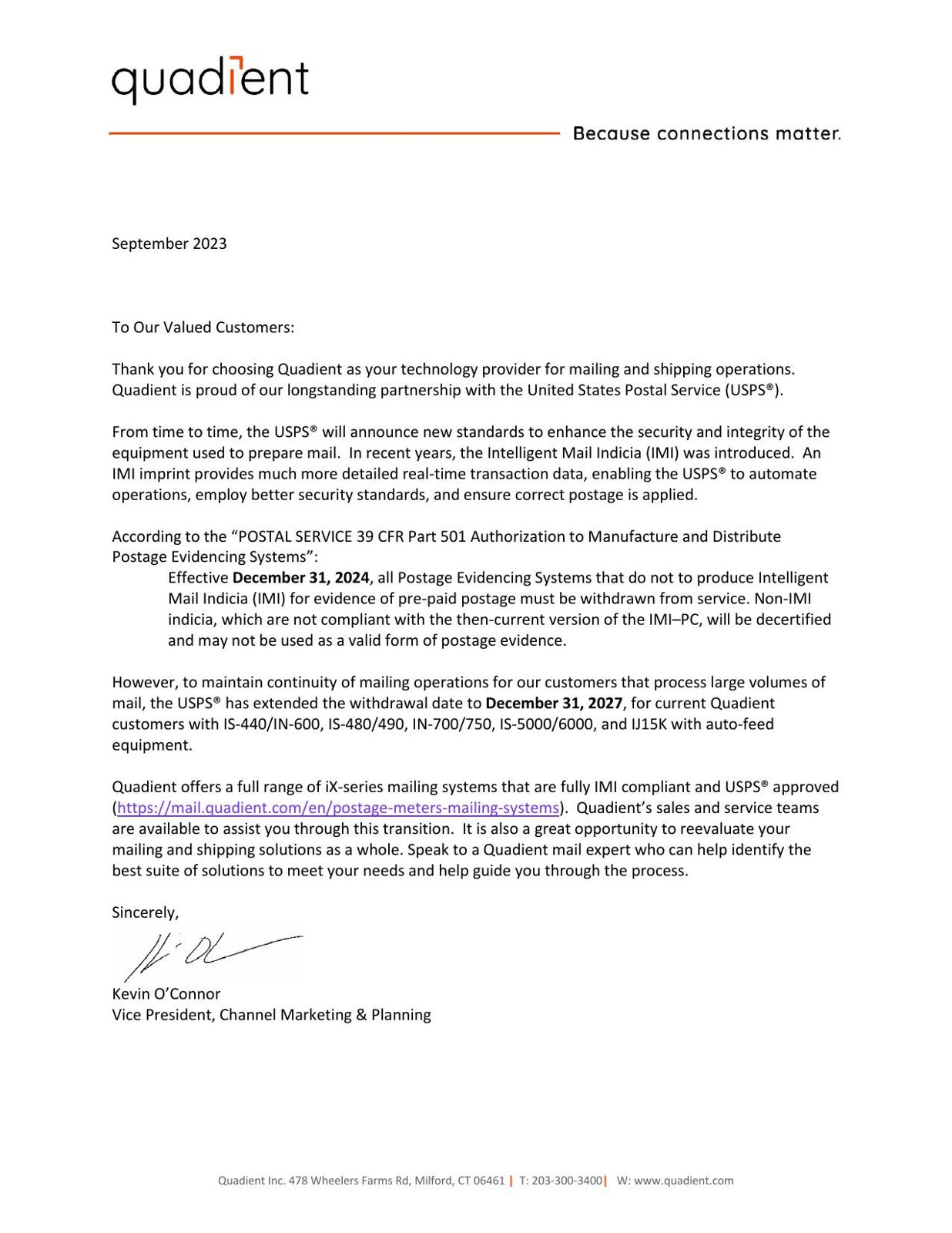 Quadient official letter to customers regarding the IMI compliance deadline extension, dated September 2023